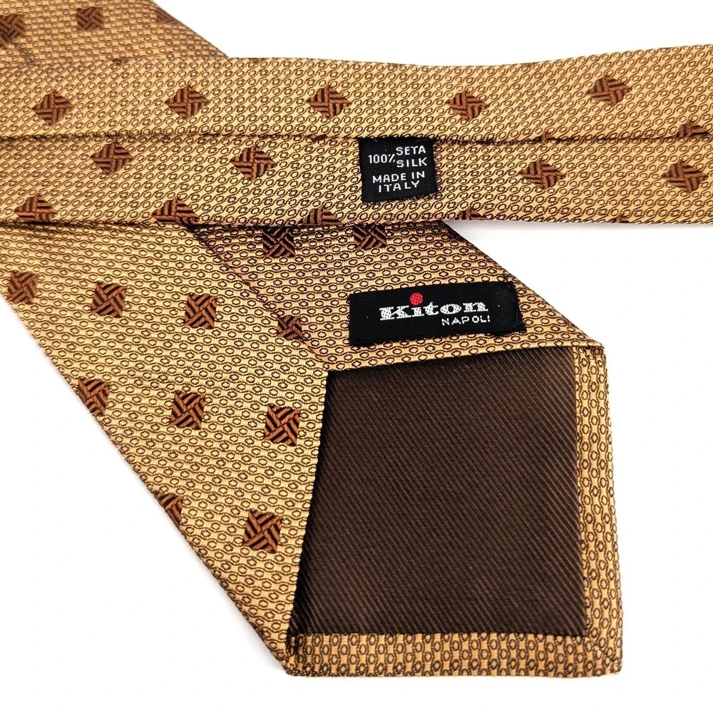 Kiton Napoli Silk Tie Gold Brown Geometric Square Pattern Made in Italy